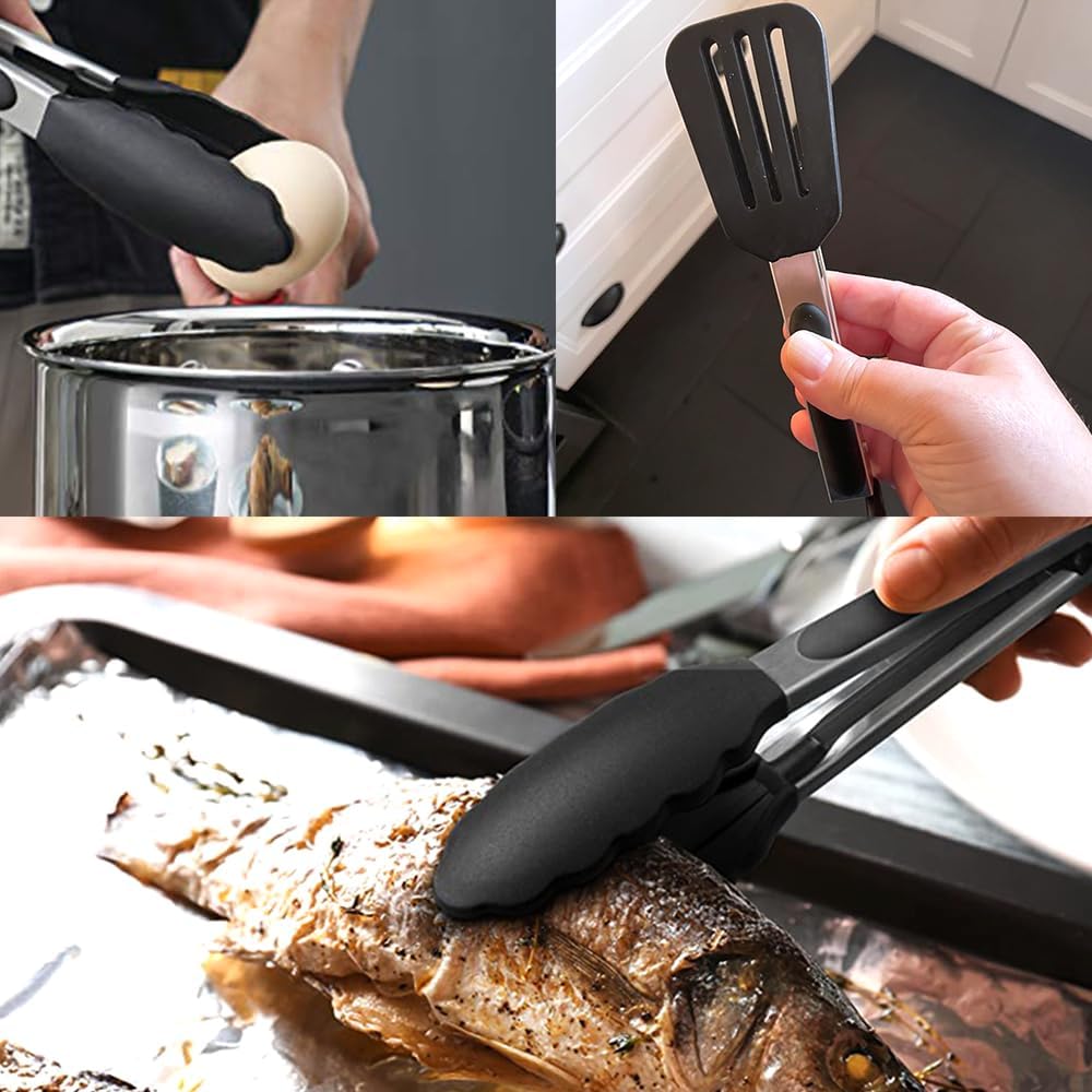 Mini Silicone Serving Tongs Set of 3, Small Kitchen Tongs (7 inch) with Silicone Tips and Stainless Steel Handle, Cooking Tongs for Salads, Pasta, Steaks, Vegetables
