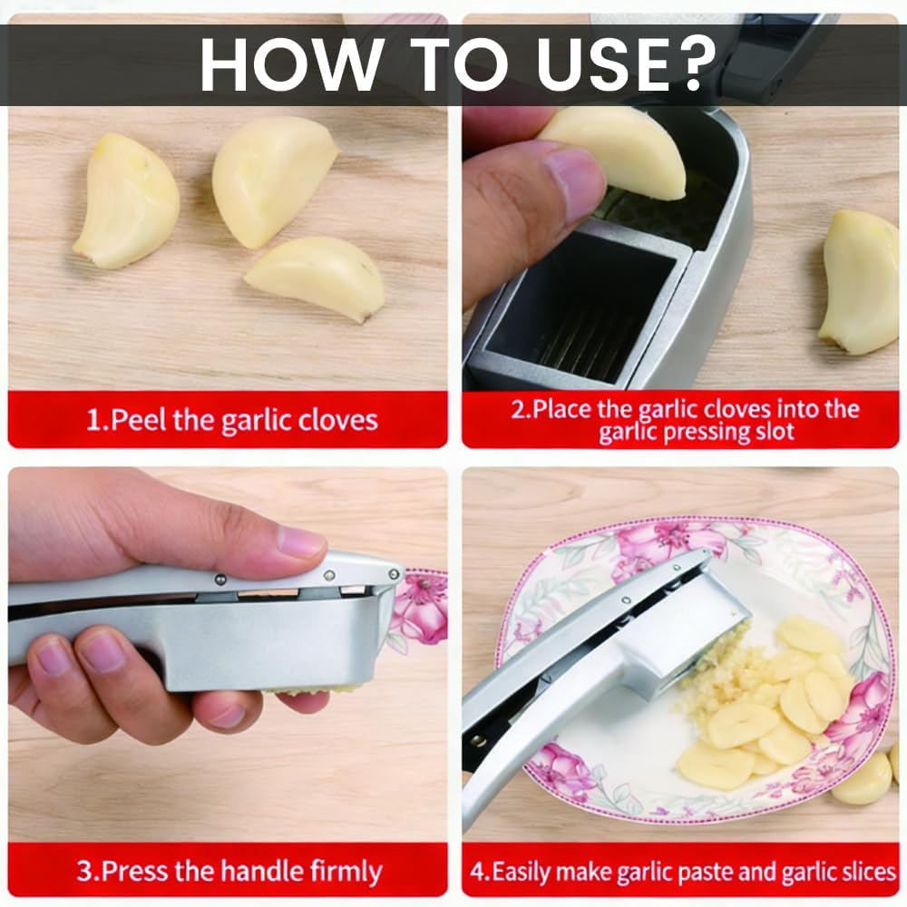 Garlic Press and Slicer 2-in-1,Multifunctional Garlic Slicing & Mincer with Cleaning Brush, Effortlessly Crush and Mince with This Ergonomic Handle-Garlic,Dishwasher Safe,Aluminum Alloy,Kitchen Tool