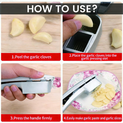 Garlic Press and Slicer 2-in-1,Multifunctional Garlic Slicing & Mincer with Cleaning Brush, Effortlessly Crush and Mince with This Ergonomic Handle-Garlic,Dishwasher Safe,Aluminum Alloy,Kitchen Tool