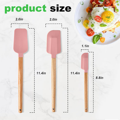 3PCS Silicone Spatula Wooden Handle Set, Heat Resistant Silicone Spatula, Spatulas Silicone Heat Resistant Wood, Rubber Spatula for Baking Non-Stick Cooking Mixing, Beige & Green & Pink