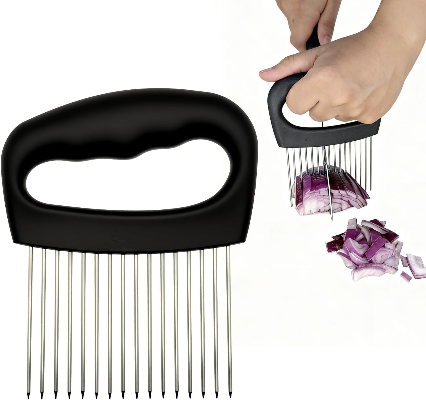 Onion Holder for Slicing, Onion Cutter Vegetable Chopper, Food Slicer Assistant Tool for Fruit Lemon and Meat,Stainless Steel Tomato Slicer Vegetable Cutter for Potato, Avocados, Eggs,