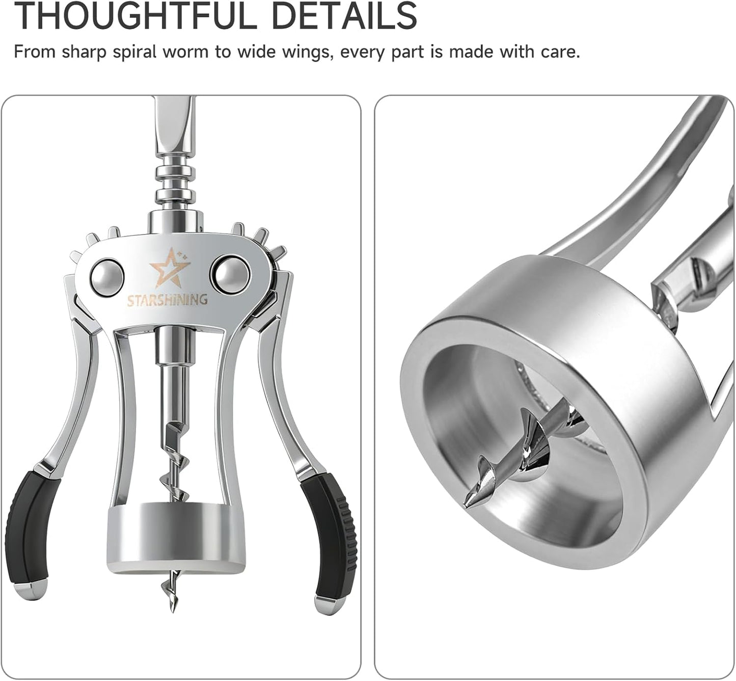 Wine Opener,Heavy-Duty Zinc Alloy Wing Corkscrew Manual Wine Bottle Opener with Sharp Spiral Screw for Sommeliers Wine Lovers,Polished Silver