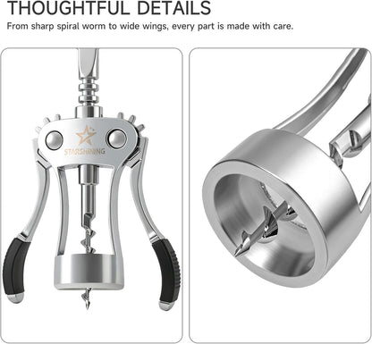 Wine Opener,Heavy-Duty Zinc Alloy Wing Corkscrew Manual Wine Bottle Opener with Sharp Spiral Screw for Sommeliers Wine Lovers,Polished Silver