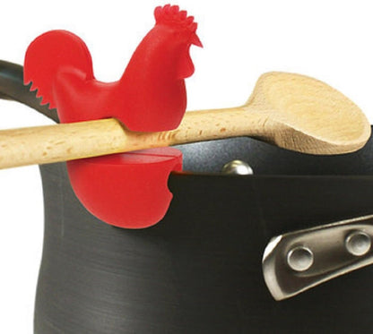 Fox Run Silicone Pot Clip Spoon Rest, Rooster and Pig, Set of 2, 2.75", Red and Pink