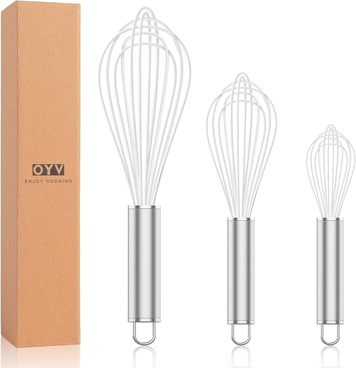 OYV 304 Stainless Steel Whisk Set, Dishwasher Safe Rustproof Metal Whisk, Professional Balloon Wire Whisks for Kitchen Cooking, Perfect For Blending, Whisking, Baking, Beating, 3 Packs (8" 10" 12")