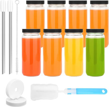 Zukro 12 oz Glass Juice Bottles with Lids & Straw, Airtight & Leak proof, Reusable Clear Small Bottle With Stainless Steel Cap for Juicing, Water, Smoothie & Milk, Dishwasher Safe & BPA Free, 12 Pack