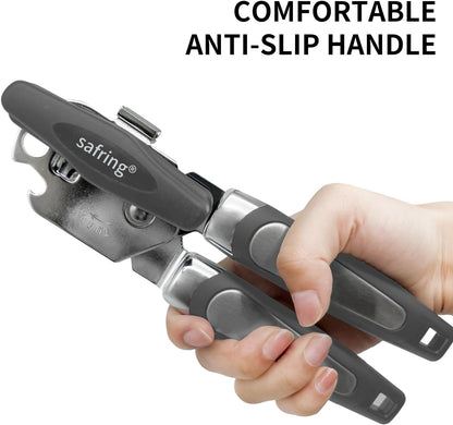 Safring Can Opener Manual with Magnet, Stainless Steel Handheld Heavy Duty Can Opener, Sharp Blade Smooth Edge, Comfortable Handle, Can Openers with Multifunctional Bottle Opener, Red