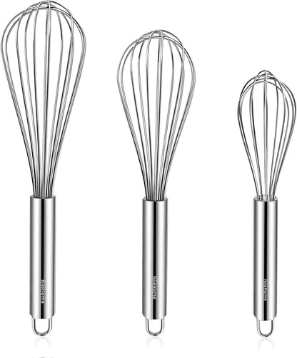 NileHome Stainless Steel Whisk 8" Hand Blender + 10" Semi-Automatic Rotary Kitchen Whisk Kitchen Wisk Wire Whisks for Cooking, Whisking, Blending, Beating, Stirring- 2 Pack...