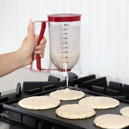 Pancake Batter Dispenser - Kitchen Must Have Tool for Perfect Pancakes, Cupcake, Waffle, Muffin Mix, Cake & Crepe - Easy Pour Baking Supply for Griddle - Pancake Maker with Measuring Label (Turquoise)
