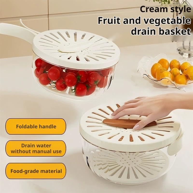 Multi-Functional Fruit and Vegetable Washing Bowl,2 in 1 Drain Basket and Fruit Strainer Container with Lid,Produce Washer,Berry Container,Lettuce Keeper for Fridge Refrigerator Organization (White)