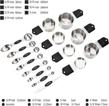 16-Piece Magnetic Measuring Cups and Spoons Set, Stainless Steel with Non-Slip Silicone Handles and Leveler, Essential Kitchen Baking Tools (Multicolor)