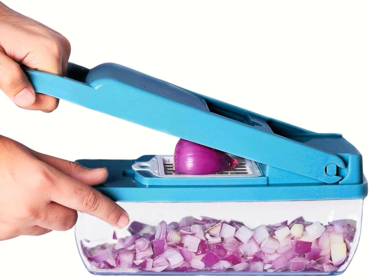 Kalmat Dynamics Food Chopper and Vegetable Slicer, 16-in-1 Multi-Function Kitchen Chopper with 7 Blades and Container, Free Black Cooking Apron (Pink+White)