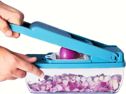 Kalmat Dynamics Food Chopper and Vegetable Slicer, 16-in-1 Multi-Function Kitchen Chopper with 7 Blades and Container, Free Black Cooking Apron (Pink+White)