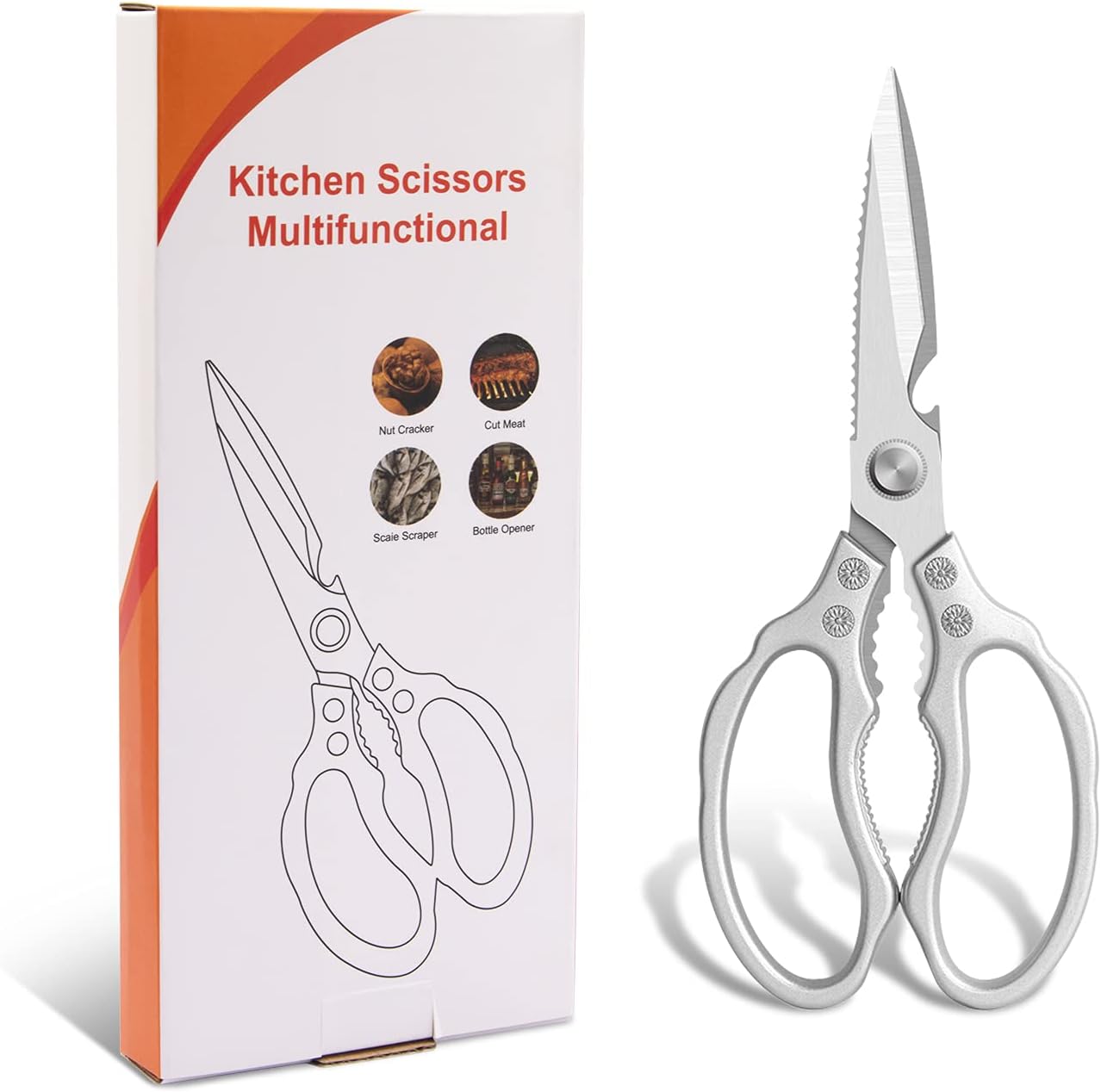 CGBE Kitchen Scissors, Multi-Purpose Kitchen Shears, Heavy Duty Dishwasher Safe Food Scissors for Chicken, Poultry, Fish, Meat & Herbs with Non-Slip Grips - Sliver