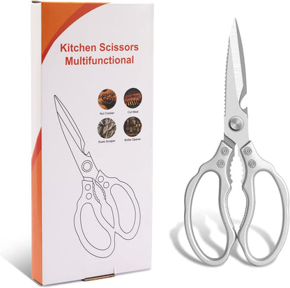 CGBE Kitchen Scissors, Multi-Purpose Kitchen Shears, Heavy Duty Dishwasher Safe Food Scissors for Chicken, Poultry, Fish, Meat & Herbs with Non-Slip Grips - Sliver