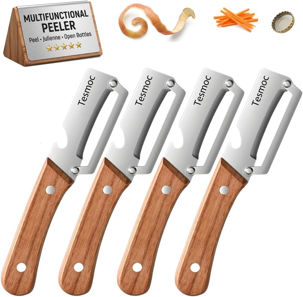 Multifunctional Vegetable Peeler for Kitchen, 2 Pack Stainless Steel Veggie Peeler Knife with Wooden Handle & Bottle Opener for Potato, Cucumber, Orange, Pineapple (2)