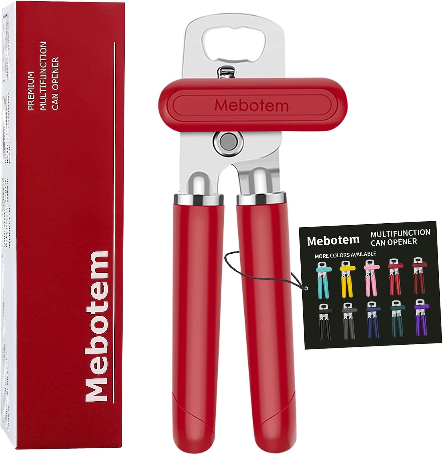 Mebotem 10 Colors Can Opener Manual Handheld Heavy Duty Hand Can Opener Smooth Edge Stainless Steel Can Openers Top Lid Kitchen Gadgets, Best Large Rated Easy Turn Knob, with Bottle Opener, Burgundy