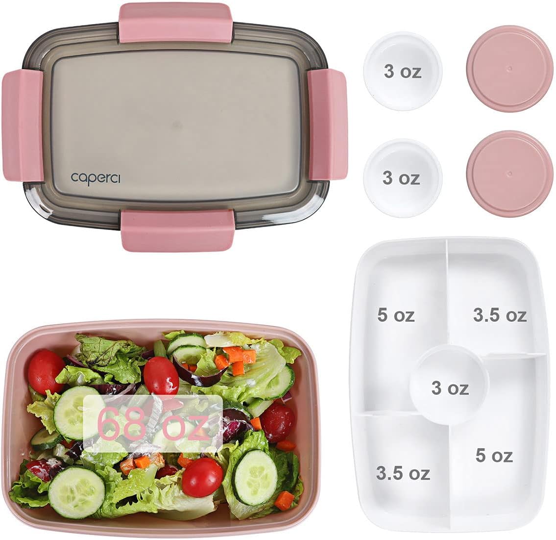 Caperci Large Salad Container Bowl for Lunch - Better Adult Bento Lunch Box 68 oz, 5-Compartment Tray, 2pcs 3-oz Sauce Cups, Stackable, BPA-Free (Navy)