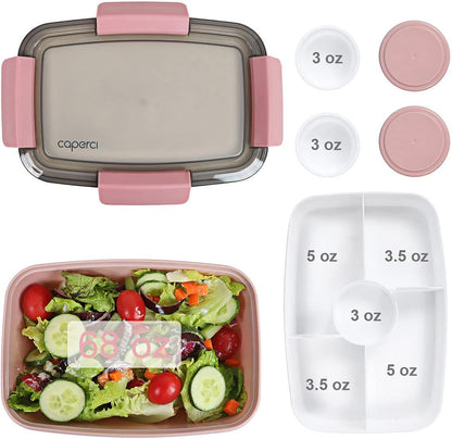 Caperci Large Salad Container Bowl for Lunch - Better Adult Bento Lunch Box 68 oz, 5-Compartment Tray, 2pcs 3-oz Sauce Cups, Stackable, BPA-Free (Navy)
