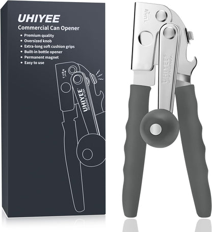 Commercial Can Opener, UHIYEE Hand Crank Can Opener Manual Heavy Duty with Comfortable Extra-long Handles, Oversized Knob, Large Handheld Can Open Easy for Big Cans, Black
