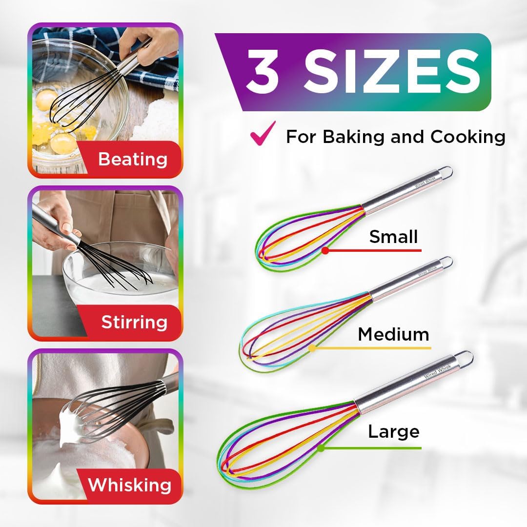 Silicone Whisk Set - Non-Scratch Set of 3 - Mini & Small Sizes - Stainless Steel Whisk - Cookware Wisking Tool