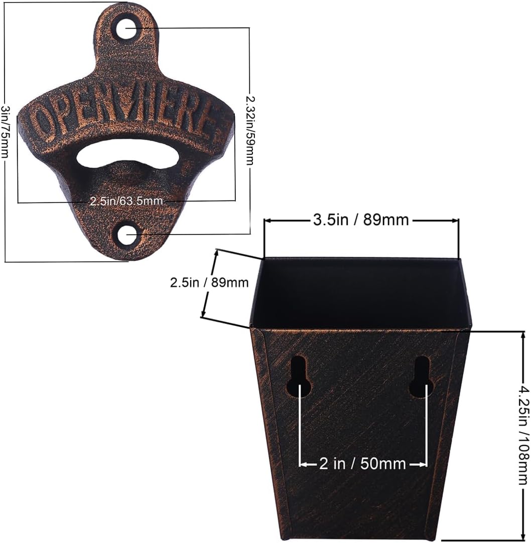 Satin Black Cast Iron Bottle Opener Wall Mounted with Bottle Cap Catcher Narrow