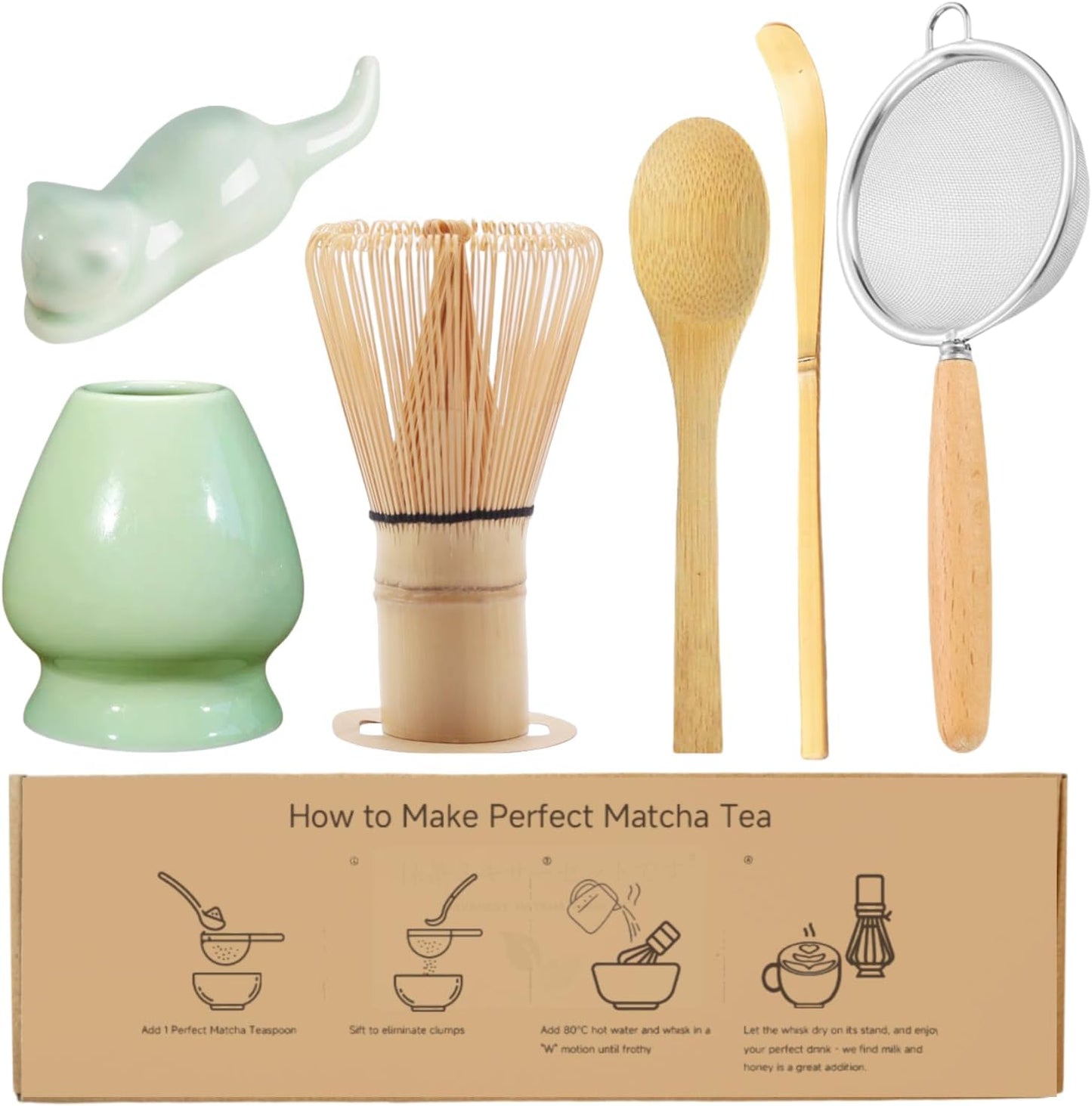Matcha Whisk Set, 6-Piece Matcha Making Kit, Macha Tea Set, (Chasen Holder), Ceramic Whisk Holder, Matcha Starter Sifter, Bamboo Scoop, Spoon Japanese Tea Tools For Ceremony Gift (Green)