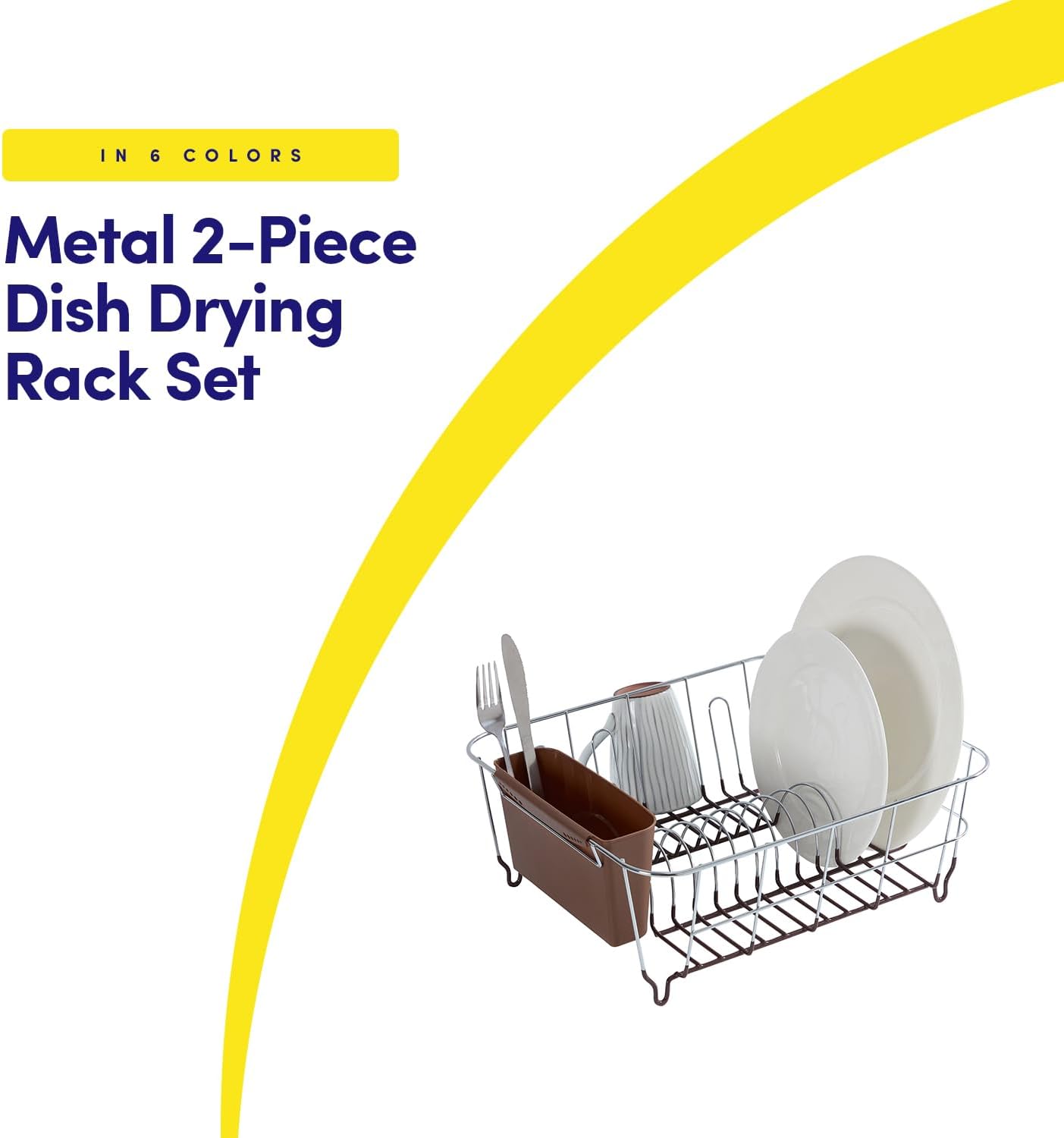 Dish Drying Rack & Cutlery Holder 2 Piece Set - Compact Sink-Fitting Dish Drainer with Rubberized Undercoating, Space-Saving Kitchen Organizer for Plates, Cups, Bowls & Utensils in Sink, Silver