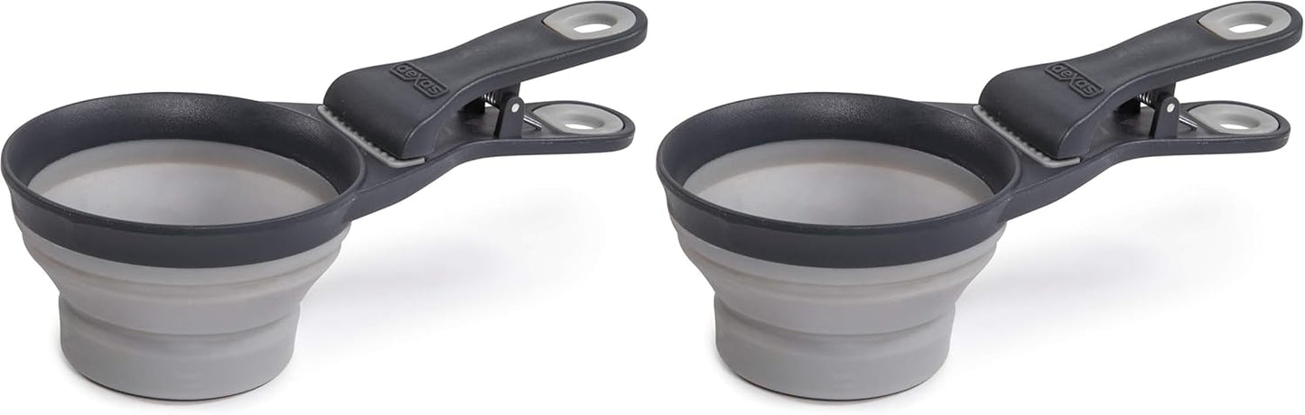 Dexas Popware for Pets Collapsible Klip Scoop, 3 in 1 Design Convenient Measuring Cup, Food Scooper and Bag Clip, 1Cup Capacity Pet Food Scoop, Versatile Food Measuring Cups Portion Control Gray/Blue