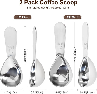 2Pcs Coffee Scoops, Premium 18/8 Stainless Steel Coffee Spoons, Set of 2 Short Handled (1 Tablespoon & 2 Tablespoon) Coffee Measuring Spoon for Ground Coffee, Tea and Powder by ES NATAURA