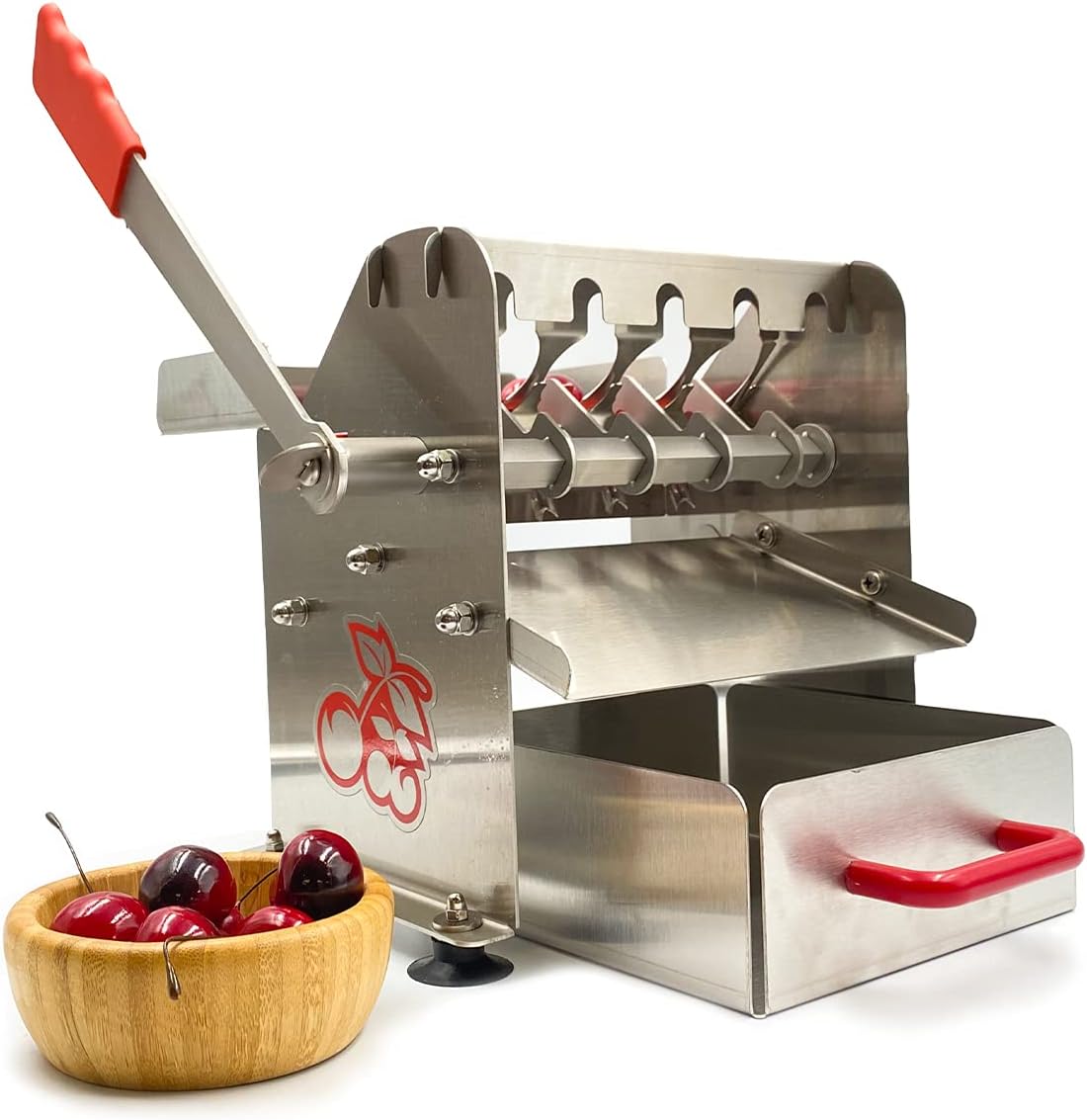 The Sausage Maker - Stainless Steel Deluxe Cherry Pitter - Heavy Duty Multi Pit Removal Tool - 5 at Once Capacity - Includes Catching Container