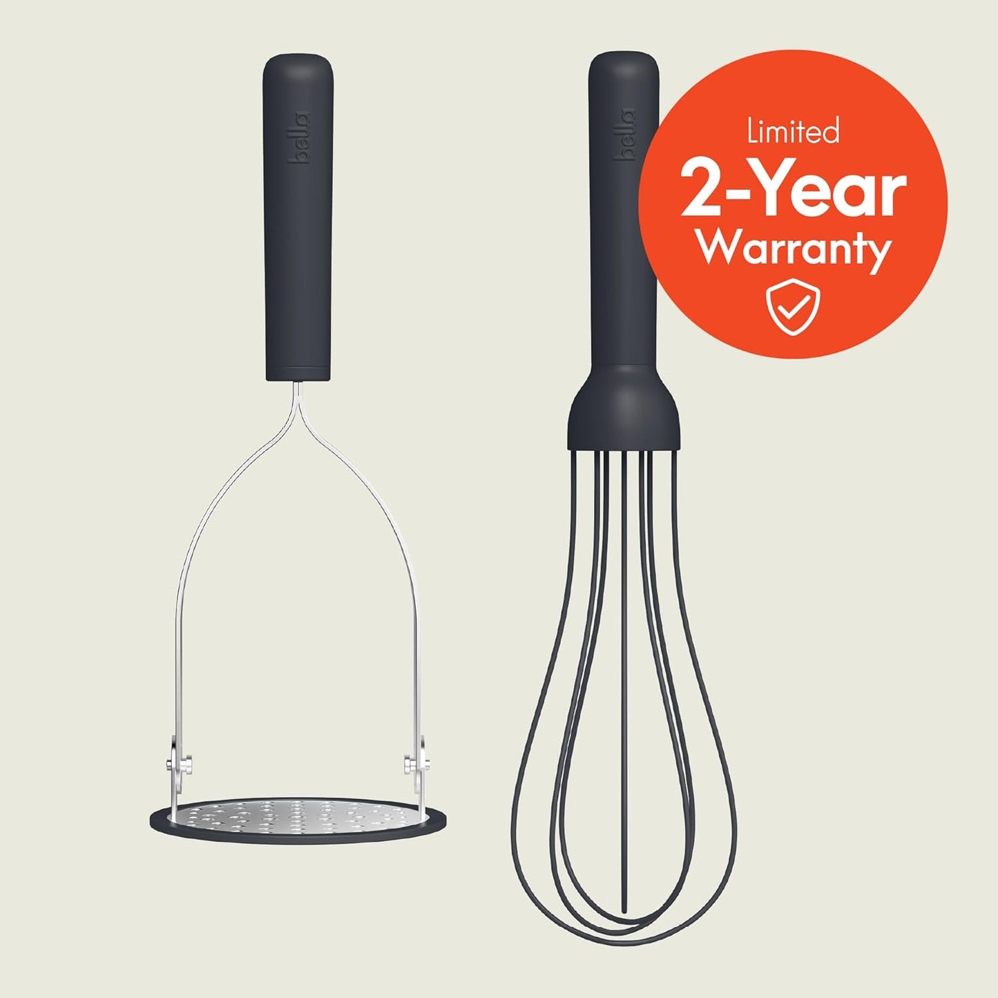 bella 2-Piece Compact Masher and Whisk Set, Fold Flat, Stainless steel and silicone, Foldable Masher, Ballon Whisk, Flat Whisk, Non-stick, Nonslip, Heat safe to 425°F, Oatmilk
