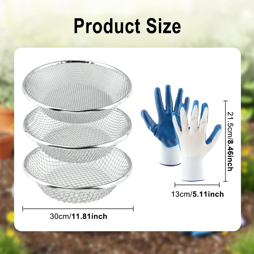 Gardening Sieve with Mesh Strainer, Soil Sifter Screens for 5 Gallon Buckets, Iron Bucket-Top Sieve Set with Gloves, 3/8 inch, 1/4 inch and 1/8 inch Mesh for Compost, Sawdust and Worm Castings