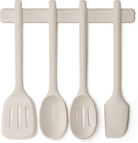 bella 5-Piece Kitchen Tool Set with Magnetic Rack, Silicone, Turner, Spoon, Slotted Spoon, Spatula, Utensil Holder, Magnetic Holder, Non-toxic*, Food-grade, Heat safe to 425°F, Dishwasher Safe, Slate