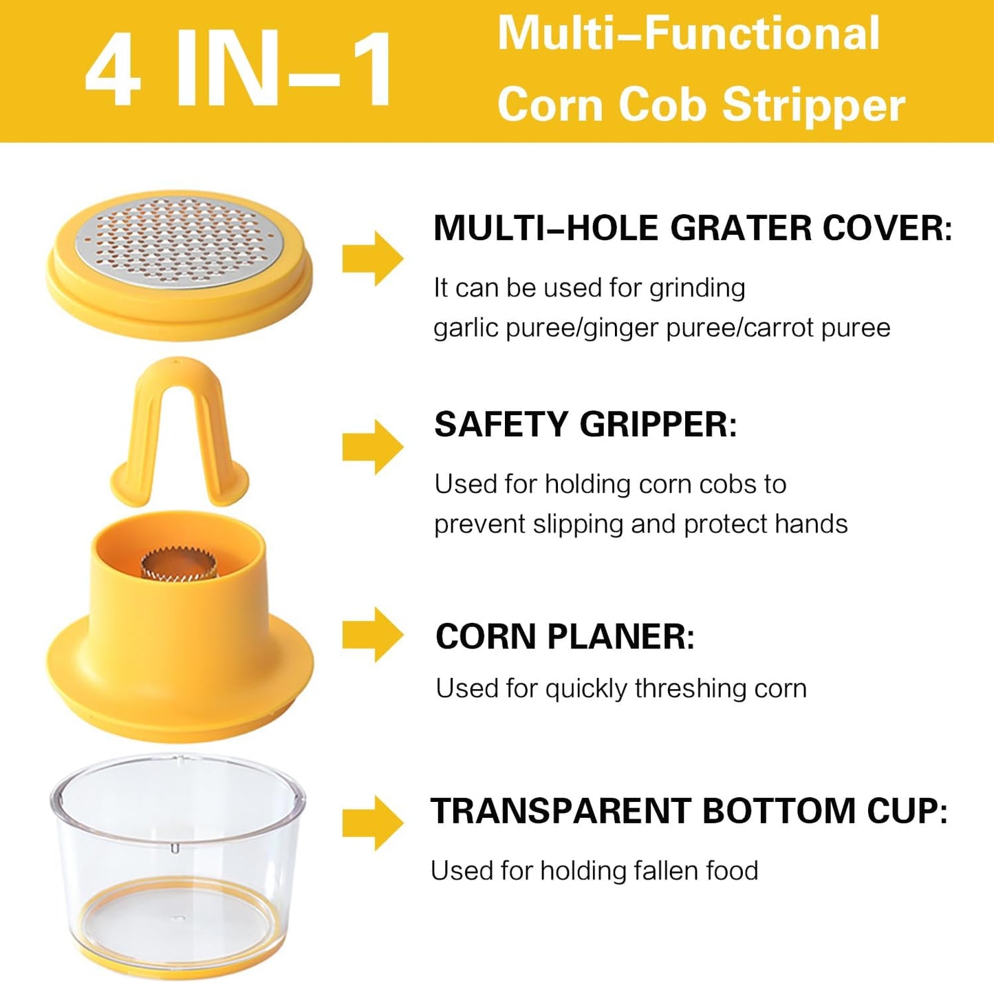 Corn Cob Stripper, Corn Peeler for Corn on the Cob, Quick Corn Cutter Tool, Corn shucker off the Cob with Bowl & Safety Handle [Yellow]