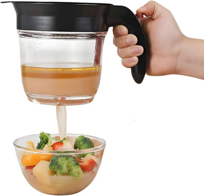 Fat Separator Cup with Bottom Release Button, Heat-Resistant Grease Separator for Gravy and Soup, 1L Oil Separator Measuring Cup with Handle, Easy Clean Kitchen Cooking Tool (Black)