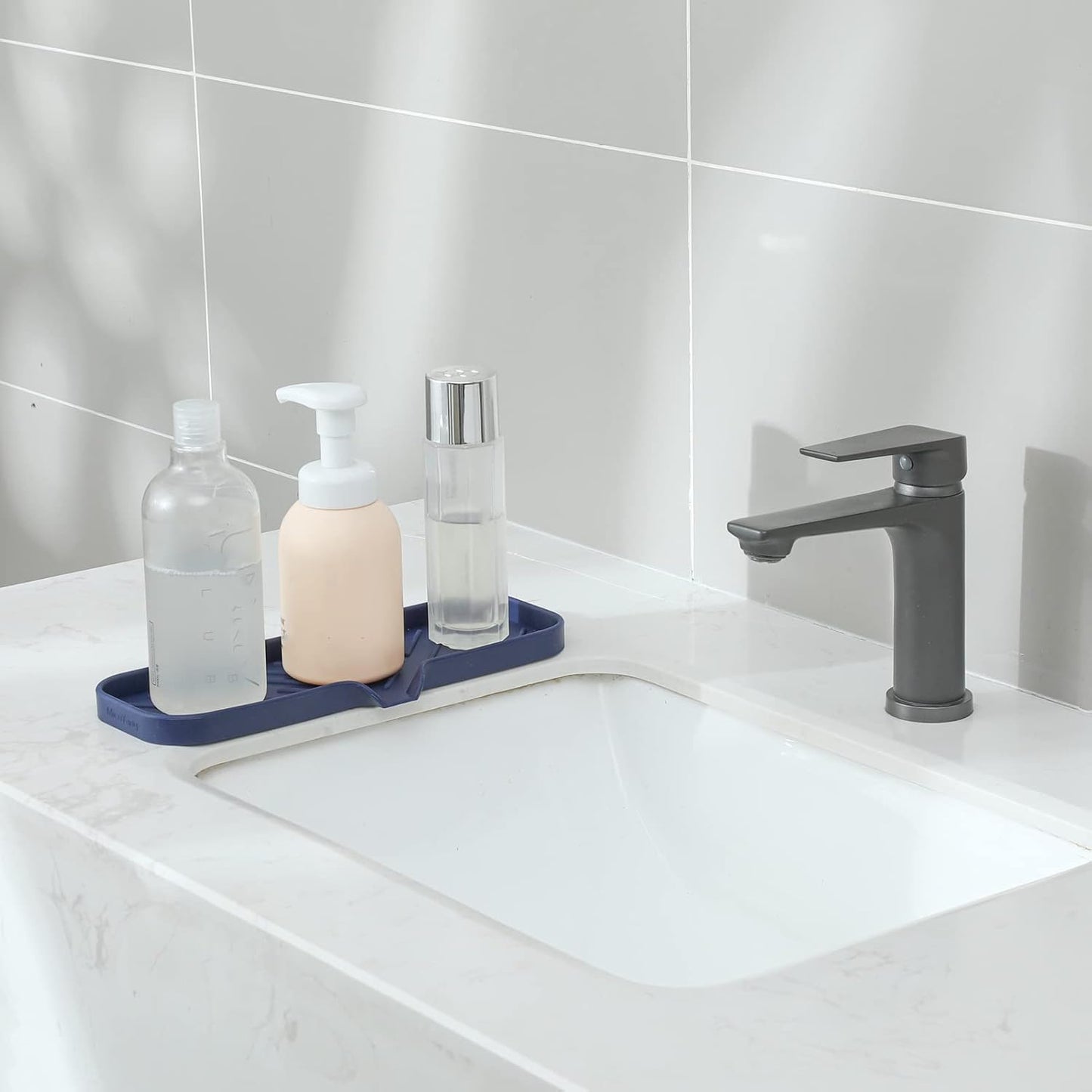 MicoYang Silicone Soap Dish with Drain Spout, Self-Draining Sink Organizer Tray for Bathroom and Kitchen, Sponges, Dispensers and Soap Holder, Non-Slip and Dishwasher Safe, Black (Compact, 4.9"×3.2")