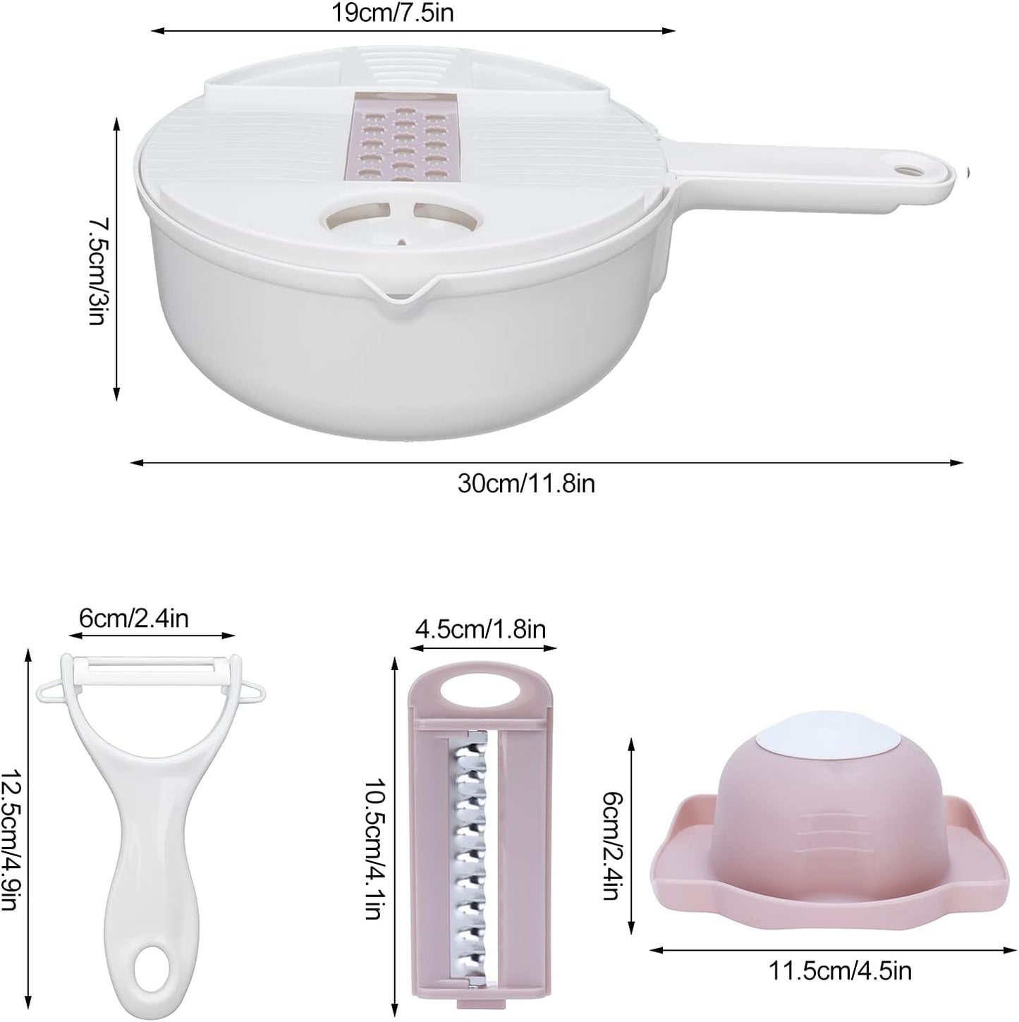 Fdit Multi Vegetable Cutter, 12 in 1 Manual Food Chopper with Hand Guard, Stainless Steel Blades, White, Kitchen Slicing Tool
