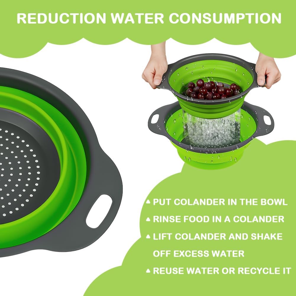 AUAUY 2 PCS Collapsible Colander Set, Square Silicone Folding Colander with Plastic Handles, Eco-Friendly Large Hole Kitchen Strainer for Draining Pasta Vegetables Fruits-1 Large and 1 Small
