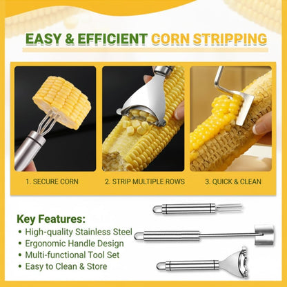 3Pcs Stainless Steel Corn Peeler Set, Kitchen Corn Thresher Tool, Corn Stripper with Fork and Brush