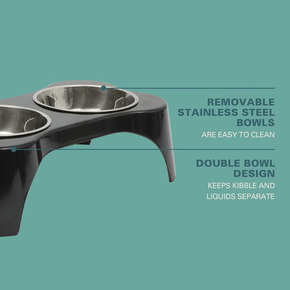Gibson Home Bow Wow Meow 3-Piece Elevated Dog Bowl Set – Bone-Shaped Raised Feeder with 2 Stainless Steel Bowls for Medium to Large Dogs, Non-Slip, Easy to Clean, Grey