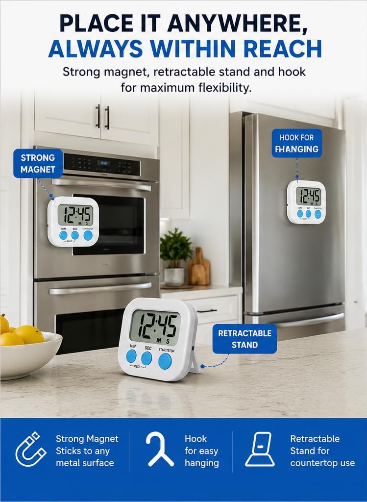 Digital Kitchen Timer for Cooking with Loud Alarm, Magnetic Countdown Timer, Large Display Big Digits Easy to Read, Count Up Stopwatch Timer for Baking Oven Kitchen Kids Classroom