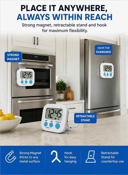 Digital Kitchen Timer for Cooking with Loud Alarm, Magnetic Countdown Timer, Large Display Big Digits Easy to Read, Count Up Stopwatch Timer for Baking Oven Kitchen Kids Classroom
