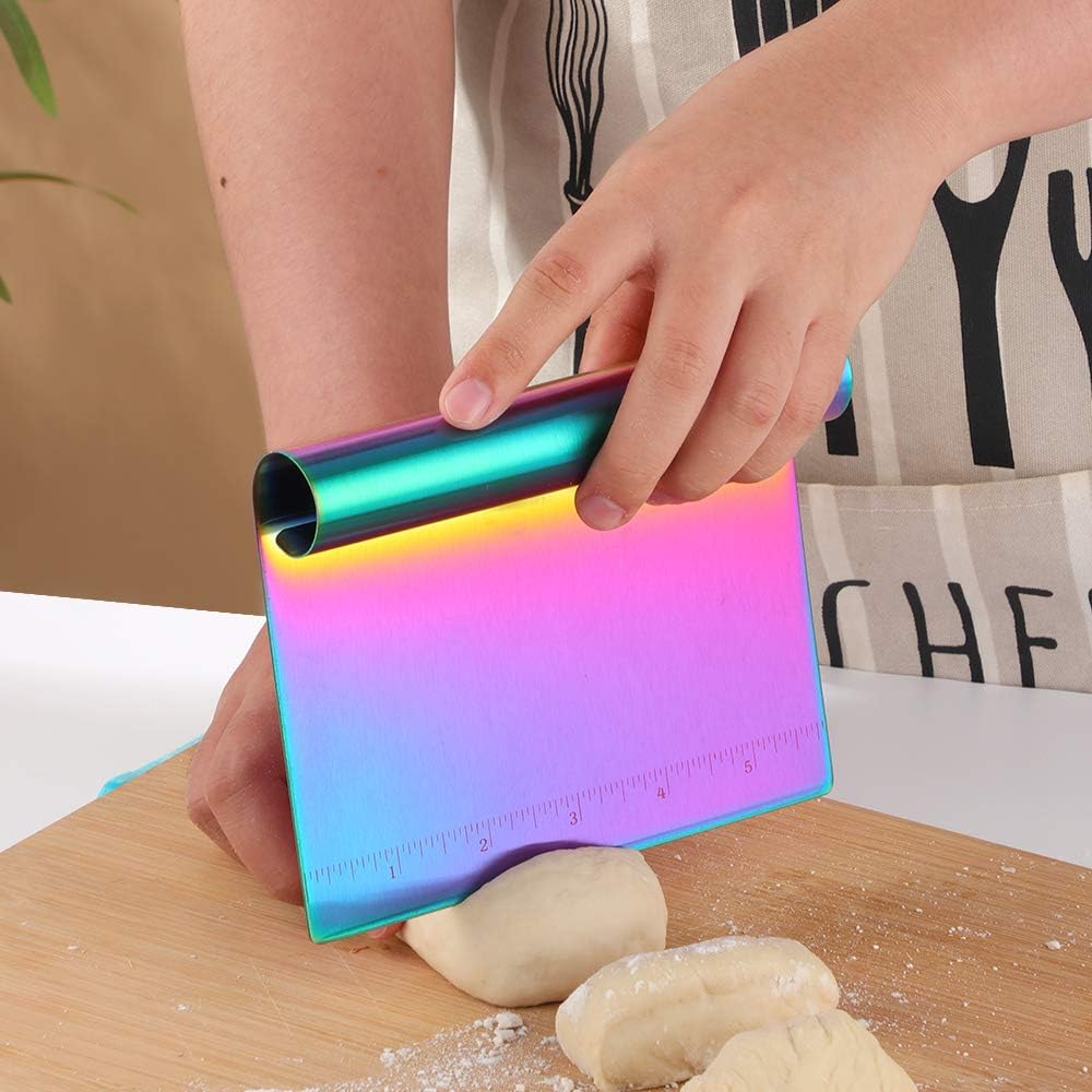 Dough Pastry Cutter Bench Scraper & Chopper Stainless Steel Mirror Polished with Measuring Scale Multipurpose Cake Pizza Cutter Pastry Bread Separator Scale Knife Rainbow