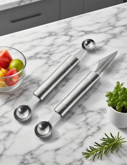 2PCS Stainless Steel Double Headed Watermelon/Honeydew Ball Spoon ，Set Fruit Carving Tool - Suitable for Watermelon and Honeydew Fruit Ice Cream Tools