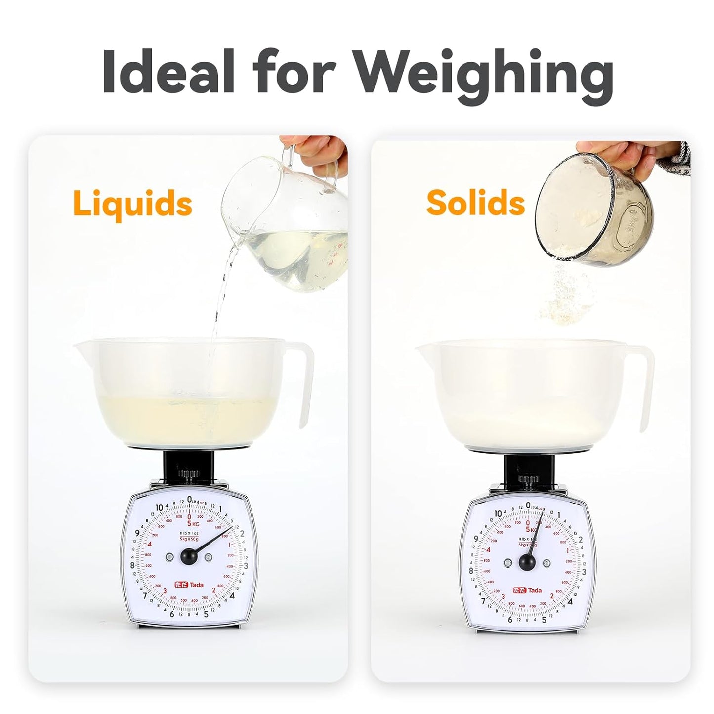 Tada 11lb Analog Food Scale Mechanical Dial Kitchen Scale, Removable Measuring Cup, Tare Function, Kitchen Friendly