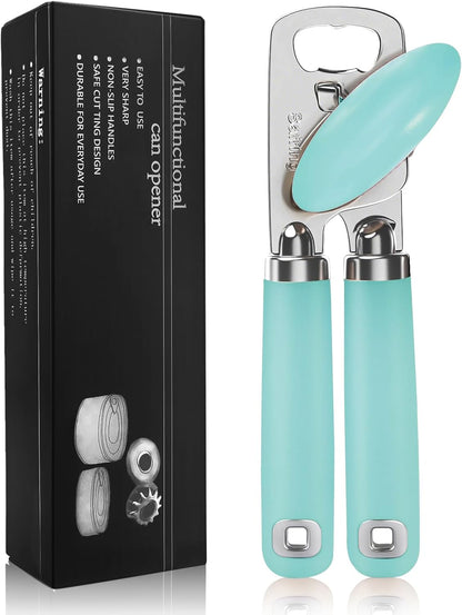 Safring Can Opener Manual, Heavy Duty Stainless Steel Smooth Edge Can Openers With Soft Touch Handle, Oversized Handheld Easy Turn Knob, Multi-Function Bottle Opener, Black