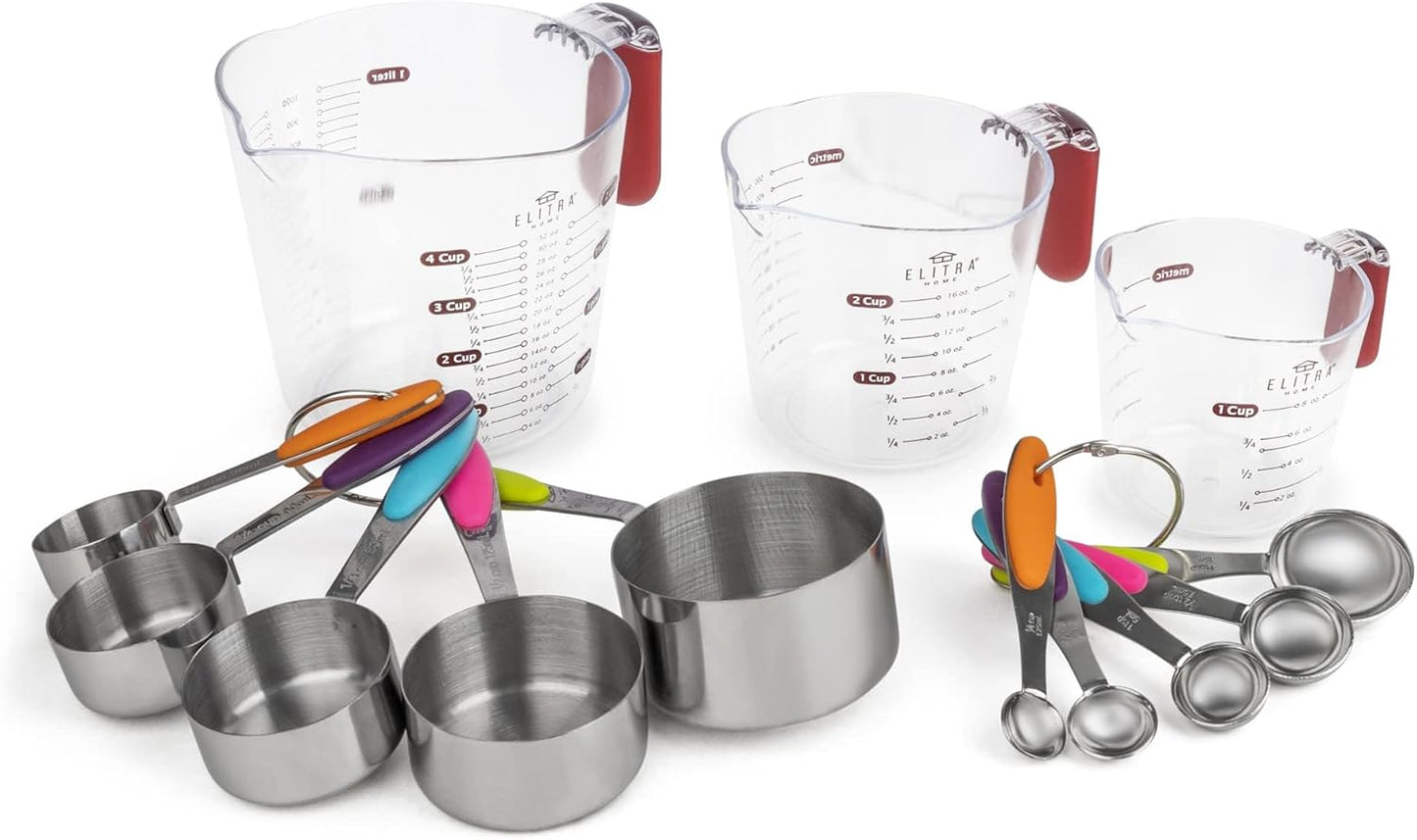 Elitra Home Complete Measuring Set, 13-Pack Stainless Steel Cups, Spoons, Plastic Measuring Pitchers with Spout - Engraved Measurements, Non-Slip Handles - Cooking & Baking Essentials