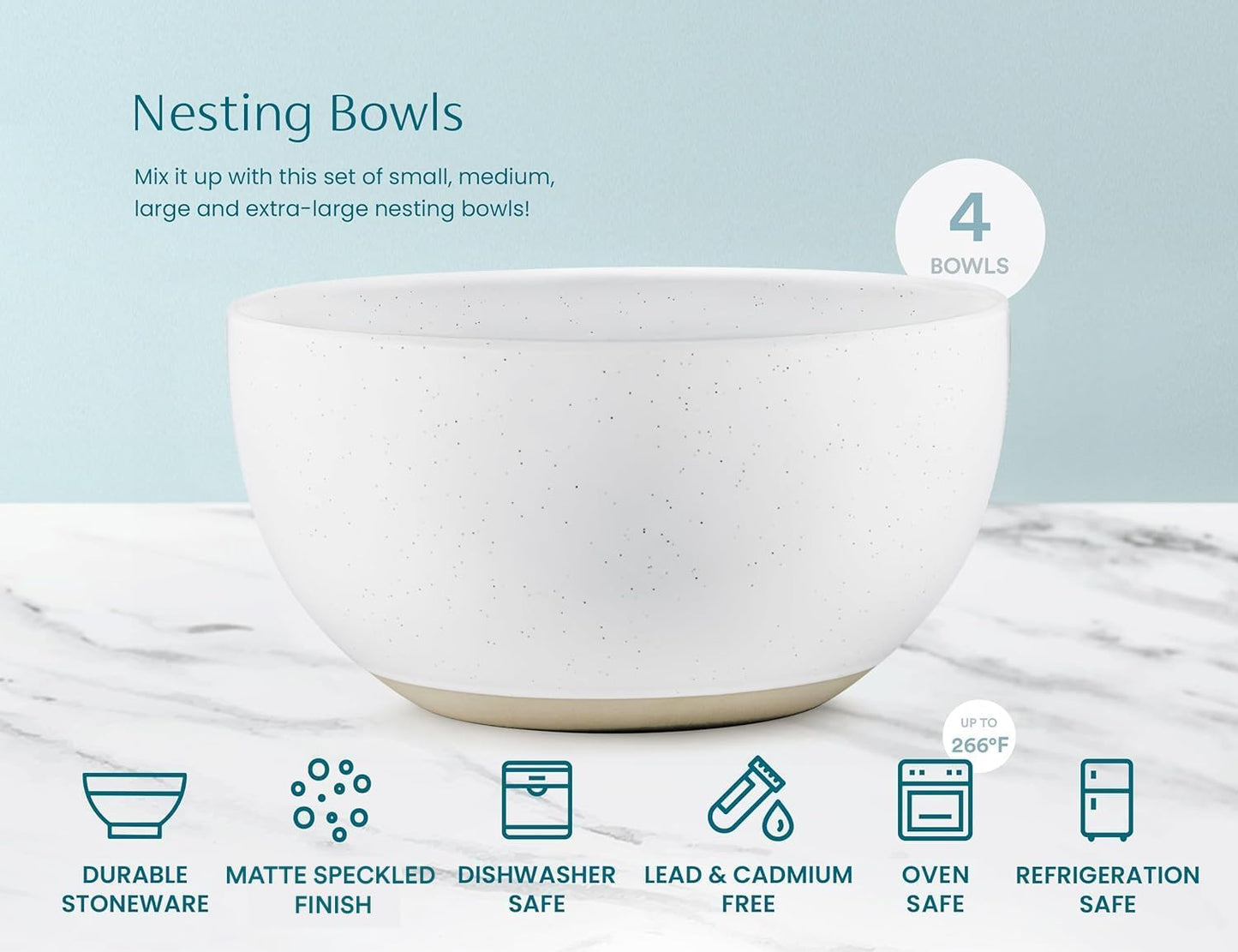 KooK Mixing Bowls, Ceramic Nesting Bowls, Stoneware Kitchen Bowls, For Prep, Serving, Dishwasher Safe, 18/40/90/140 oz, Set of 4, Moonstone
