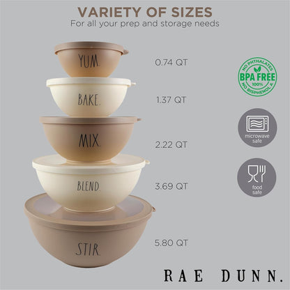 Rae Dunn Mixing Bowls with Lids - 10 Piece Plastic Nesting Bowls Set includes 5 Prep Bowls and 5 Lids (Sage)